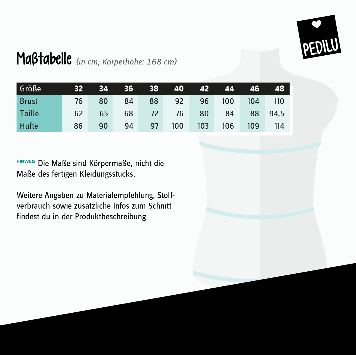 Maßtabelle von pedilu für die Größen 32 bis 48