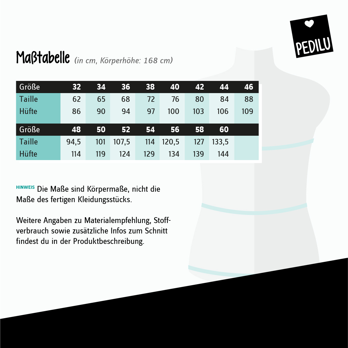 Maßtabelle von pedilu für die Größen 32 bis 60 (Taille und Hüfte)