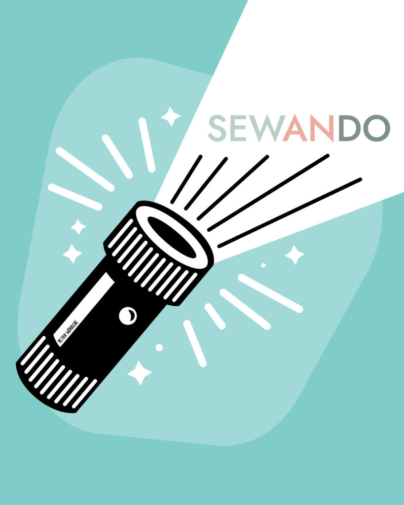 Illustration: Eine Taschenlampe wirft Licht auf das Sewando-Logo – Ein Symbol für einen neuen DIY-Marktplatz im Scheinwerferlicht